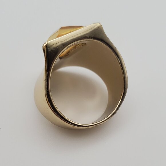 MCM Modernist Gold Ring Wide Band Faceted Moonstone Style Yellow V  Stone Thick - Picture 3 of 6